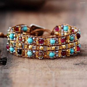 STRAND BOHO BRACELETS High End Natural Stones Wax Cord Wrap Bracelet Semi Precious Stone Geroled Cuff Fashion Jewelry Dropship