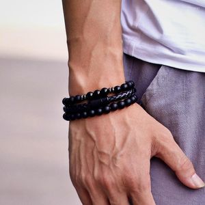 Strand Boho hecho a mano 3 unids/set pulsera de cuentas de piedra Natural antiguo negro Onxy/pulsera de cuero de ojo de tigre para hombres joyería de urdimbre