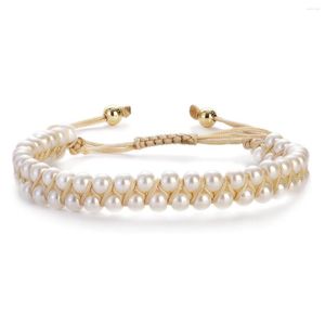 Pulsera trenzada con cuentas de perlas para mujer, brazaletes hechos a mano de doble capa, joyería de moda ajustable