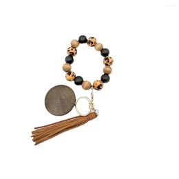 Porte-clés de Bracelet à brins avec pompon, Bracelets en perles de bois, pendentif Portable, ornement, cadeau, accessoire de clés