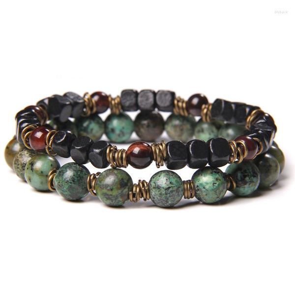 Strand Bracelet Set Natural 8 Mm Pulido Africano Turquesa Beads Pulseras para hombres Vintage Stretch Bangle Tiger Eye Stone Pulsera Mala