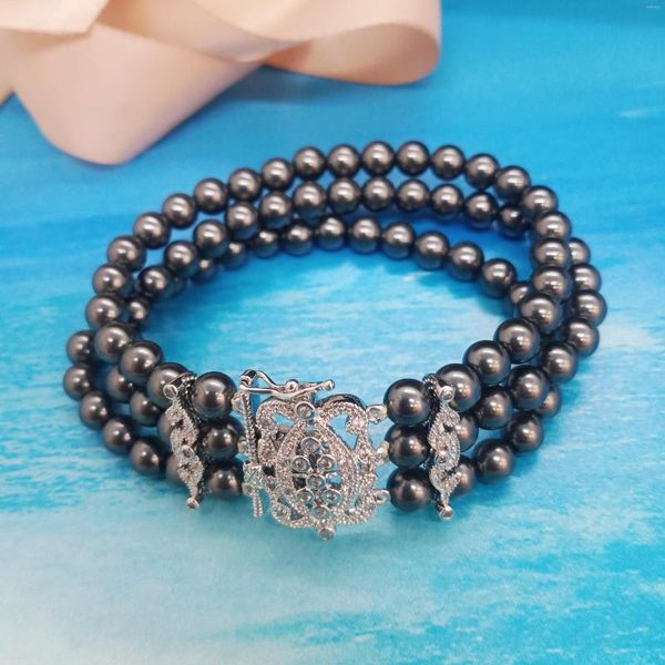 Pulsera de latón con hilo chapado en rodio con circonita blanca y perla de cristal para mujer, joyería de moda