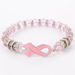 Strand borstkanker bewustzijn kralen armbanden roze lint armband glazen koepel cabochon knoppen charmes sieraden geschenken voor meisjes vrouwen kralen