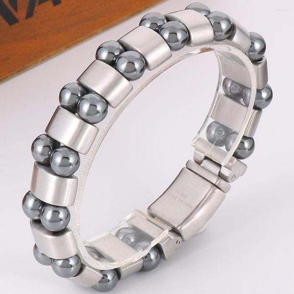 Bracelet en acier inoxydable pour hommes, matière brossée, Double rangée de perles en pierre de fer, breloque de santé Cool, accessoires de bijoux pour hommes