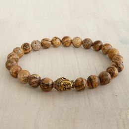 Strand Bouddha Mala Beads Bracelet Yoga Meditation 8 mm Nature Stone Picture Jasper Bracelets Boyfriend Cadeaux