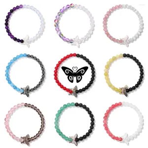 Pulsera con abalorio de concha de nácar blanca y mariposa para mujer, brazaletes de cuarzo con cuentas de piedra Natural de 6mm, ópalo, piedra lunar, color blanco