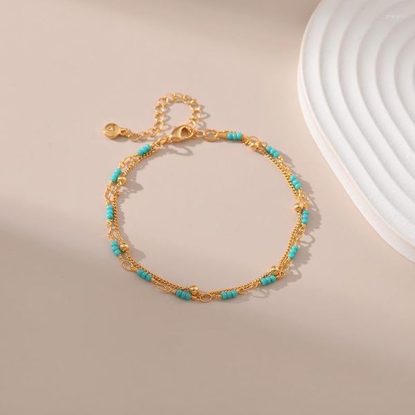 Strand CCGOOD-pulsera de cadena doble de Color dorado hecha a mano, cuentas de turquesa, pulseras finas de piedra Natural para mujer, joyería de moda 2023