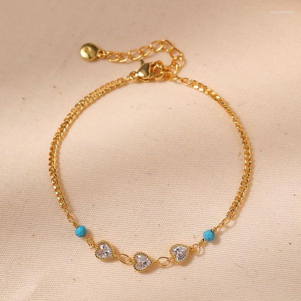 Strand Ccgood Heart Zircon Bracelet pour les femmes Turquoises naturelles plaquées 18 K Bijoux minimaliste de haute qualité Pulseras Mujer Girl