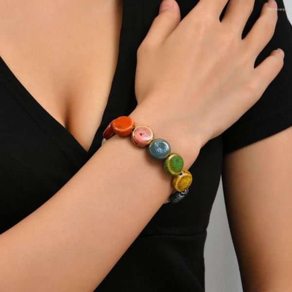 Pulsera de cerámica con hebra para mujer, accesorios dulces con cuentas de colores planos y redondos, regalos sorpresa para amigos