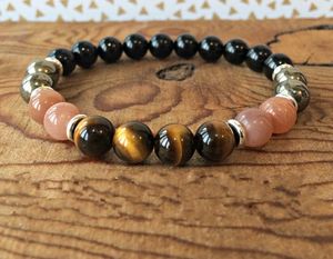 STRAND CHAKRA 8mm Bead Black Onyx Tiger Eye Stone Pyrite Zon Bracelet Manipura Sieraden Bright Yoga Mala