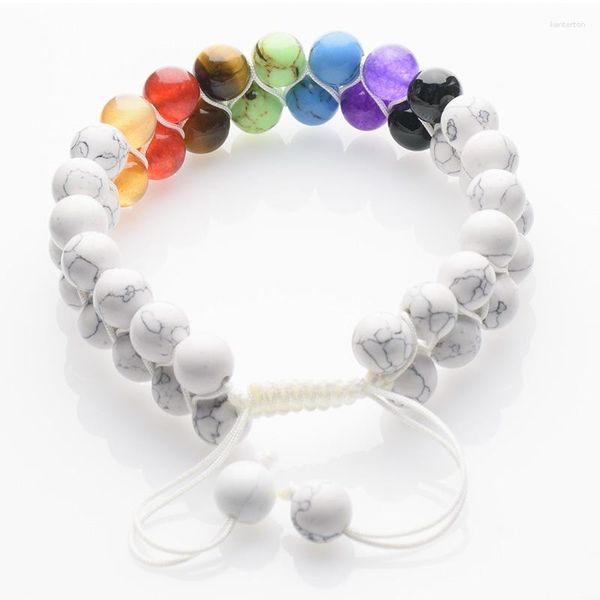 Strand Chakra Bead Bracelets For Women - 8mm 7 Pulsera curativa con piedras turquesas blancas Ansiedad Meditación Yoga Gemstone J