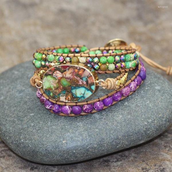 Strand Chakra Multilayer Bracelets Femme Enveloppe En Cuir Avec Jaspers Perles 3x Boho Bijoux