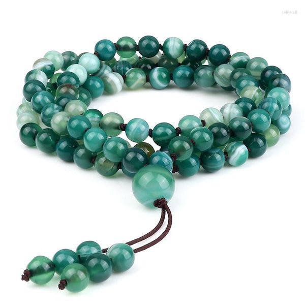 Brin Charme 108 Perles Noeud Élastique Bracelet 6mm Naturel Vert Rayé Agates Pierre Prière Mala CollierBracelet Pour Femmes Hommes Bijoux