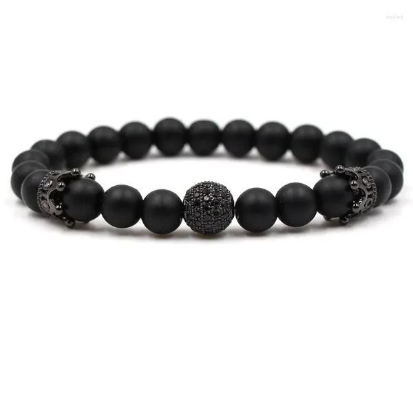 Strand Charm Black 8 mm Matte Stone Beads Bracelet Pave CZ Zircon Crown Ball pour les femmes Bijoux classiques pour femmes 2024