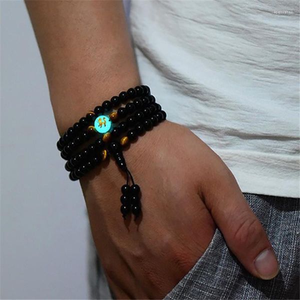 Pulsera con abalorio de hilo que brilla en la oscuridad, Luna, dragón, para mujeres, hombres, amantes, Buda negro, 108 cuentas masculinas, pulseras luminosas