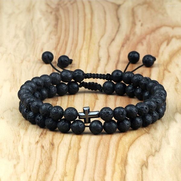 Strand Charm Conjunto de pulsera de cruz de piedra natural Faith Black Lava Beads Pulseras hechas a mano Trenzado Hombres Mujeres Oración Fitness Pareja Joyería