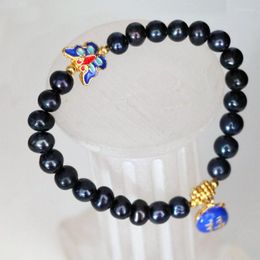 Strand Charme 7-8mm Naturel Noir Perle Perles Bracelets Pour Femmes Cloisonné Prix De Gros Conception Originale Bijoux 7.5 pouces B2973