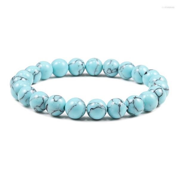 Hebra encantadora pulsera de piedra natural azul claro cuerda elástica 8/10mm redondo negro línea brazaletes para hombres/mujeres joyería