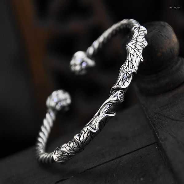 Pulsera de loto antigua de plata tailandesa con encanto para hombre tallada abierta