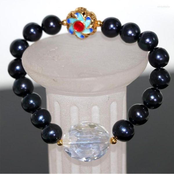 Strand Charms Natural de agua dulce cultivada 9-10mm cuentas de perlas pulseras brazalete para mujeres regalos Cloisonne joyería 7,5 pulgadas B2971