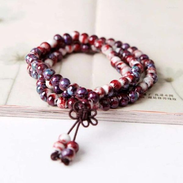 Hebra China artesanía moda 6mm cuentas de cerámica pulsera femenina 108 Mala cuerda elástica múltiples círculos oración con cuentas