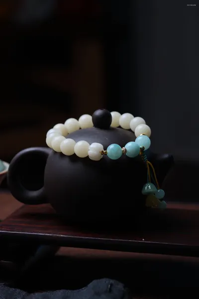 Brin artisanat chinois 1 : Jade blanc Bodhi, cercle unique, Style Lotus Peng, corde à main en forme de boule ronde