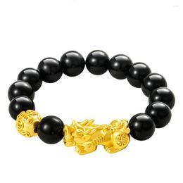 Bracelet de perles d'obsidienne noire de Style chinois, en or 3D, richesse Pixiu Feng Shui, pour hommes et femmes