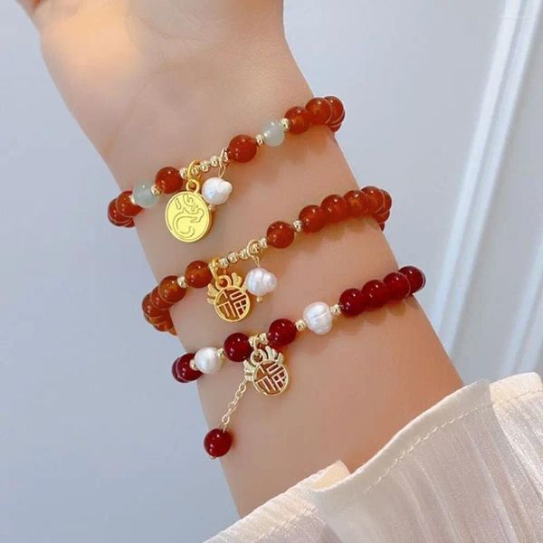 Bracelet de dragon de style chinois de style chinois chanceux Lucky Golden Zodiac Hand Corde Imitation Agate Beads Festive Bijoux Cadeau