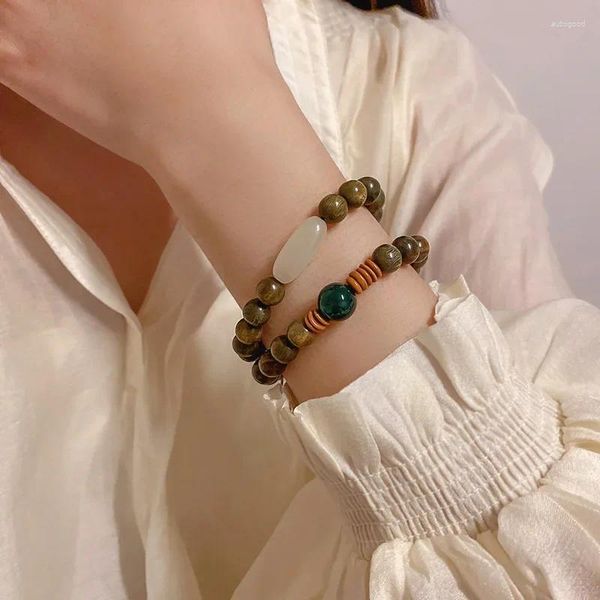 Pulsera de cuentas de sándalo verde de estilo chino para niña, pareja, novias, cuentas de madera de agar para hombres antiguos