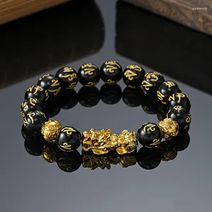 Strand Style Chinese Pixiu Six-Charge Mantra Obsidian Stone Beads Bracelet for Men Women Wristband richesse et bonne chance