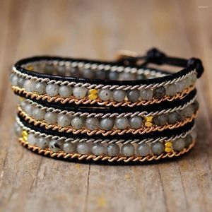 Strand Classic 3 pierres semi-précieuses Bracelet en cuir Wrap Spirit Labradorite Chains Bohemia Beads Designer Jewelry