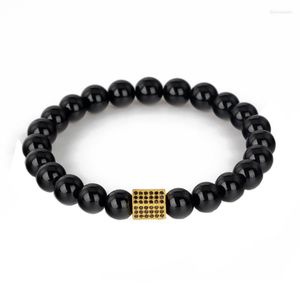 Strand Classic Black Onyx Stone Bead met rechthoek CZ Zirconia Charms Anil Brand Bracelet Sieraden Pulseras Gift Watch Accessoire
