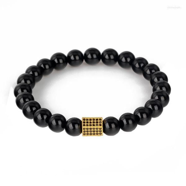 Strand Classic Black Onyx Stone Bead con rectángulo CZ Zirconia Charms Anil Brand pulsera joyería Pulseras regalo reloj accesorio