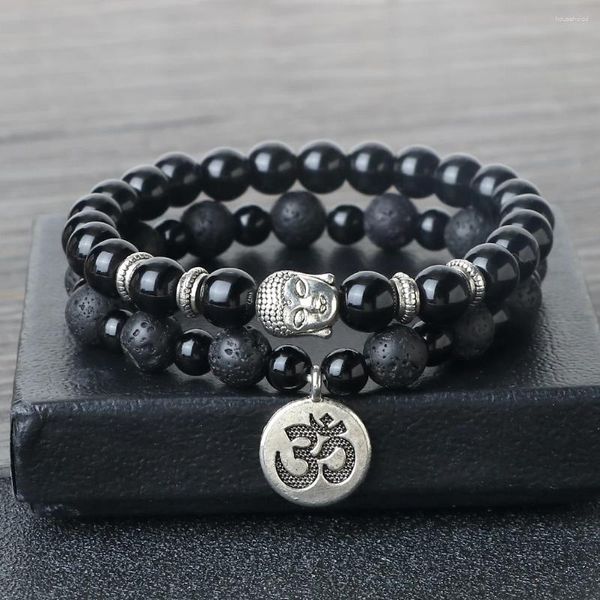 Strand Classic Bouddha Pierre Naturelle Perle Bracelet Ensemble Aum Pendentif Brillant Noir Lave Distance Élastique Bracelet Chaîne Pulsera Prière Bijoux