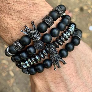 Strand Classic Design Men Jewelry Bracelet Black Onyx CZ Pave Ball Crown Charm Steel Skull Beads Elástico para