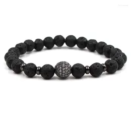 Strand Classic Natural Black Volcanic Lava Stone Stone Pave Cz Ball Manual Bracelet Bangle for Womenmen Charm Jewelry Pulseras