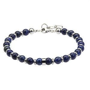 Strand estilo clásico moda hombres y mujeres joyería 6mm azul marino lapislázuli pulseras de cadena de acero inoxidable