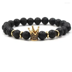 Brin classiques pierre naturelle lave volcanique noire 8mm Bracelet de perles pavé couronne CZ pour femmes hommes Noble bijoux à bricoler soi-même