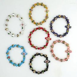Strand Cloisonne Rosary Beads Bracelets Sideways Cross Pendant Crystal Rhinestone Email Bracelet religieux fait à la main