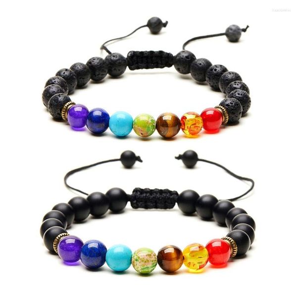 Strand Colorful 8MM Lava Stones Chakra Pulsera Hombres Mujeres Aceite esencial Difusor Cordón Mate Black Onyx Agate Beads Jewelry