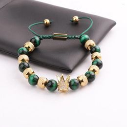 Strand komende hoogwaardige roestvrijstalen kralen CZ Pave Charm Green Tiger Eye Cord Blaided Macrame Bracelet Men Sieraden Geschenk