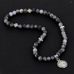 Strand CottvoCatholic Exorcism Saint Benoît Croix Pendentif Bracelet Noir Gris Perles Chaîne Élastique Chaîne Bracelets Femmes Hommes Bijoux