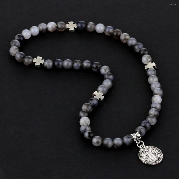 Strand CottvoCatholic Exorcism St. Benedict Cross Colgante Pulsera Negro Gris Cuentas Cadena Elástica Cadena Pulseras Mujeres Hombres Joyería