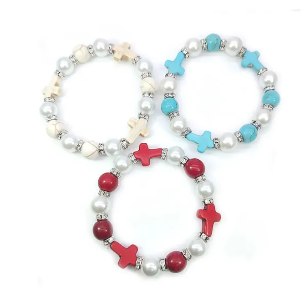 Strand CottvoChildren Sacramentos Regalos de bautismo Religiosa Perla de imitación Piedra Cruz Con cuentas Pulseras de rosario elástico para joyería para niños