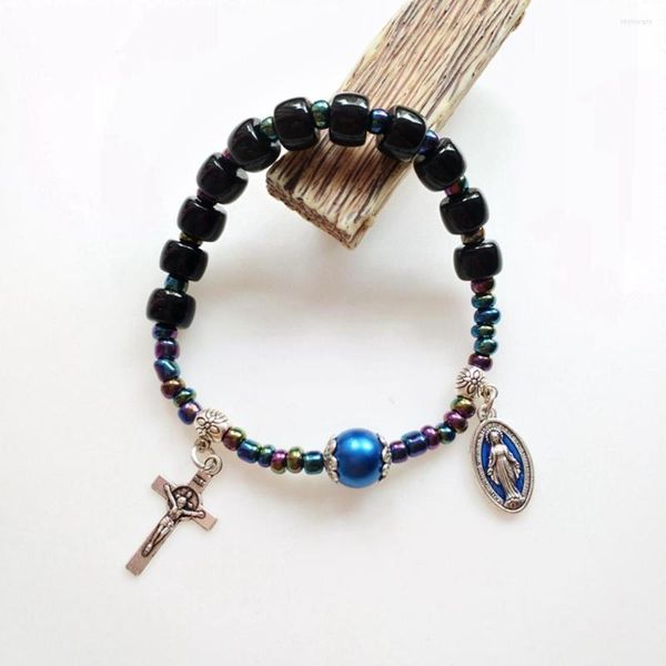 Strand CottvoMédaille Miraculeuse INRI Crucifix Croix Charmes Vintage Noir Bleu Imitation Agate Perle Perle Chaîne Chapelet Bracelet Bijoux