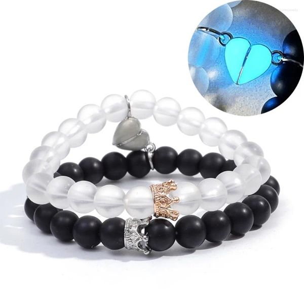 Pulsera magnética de hilo para parejas, cuentas luminosas, amuleto de amante, corona, corazón, pulseras de moda a juego para mujeres y hombres, regalo de joyería