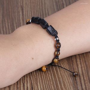 STRAND PAAR UNISEX Natuurlijke ruwe zwarte zwarte toermalijn genezende steen kraal geel bruin tijgeroog nylon touw verstelbare charmes armband