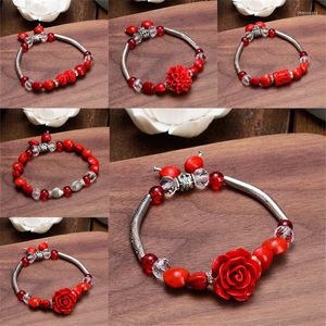 Strand Creativiteit Cinnabar Red Bean Tibetaans zilveren Rose Bracelet Bangle Charm Jewelery Fashion Accessoires Vrouw Amulet Gifts