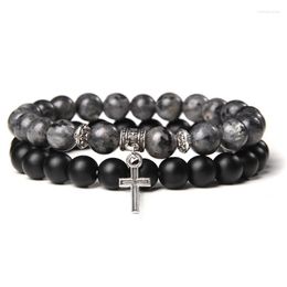 Strand Cross Bracelet Blessing Jewelry Men Natural Healing Energy Labradorita Black Matte Onyx Stone Beads Pulseras Stretch Women Gift