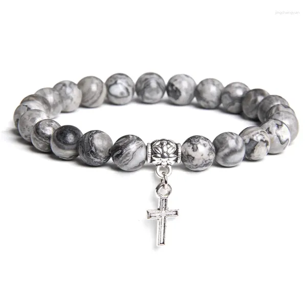 Pulsera elástica con colgante cruzado de hilo para hombre, brazalete de oración con cuentas de piedra turquesa, labradorita, mapa Natural gris, regalo de joyería Vintage